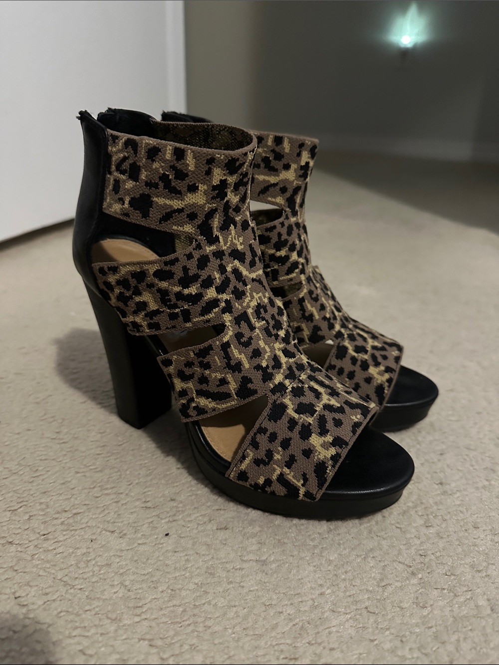 Report Leopard-Print Cutout Block Heel Sandals in Black and Tan